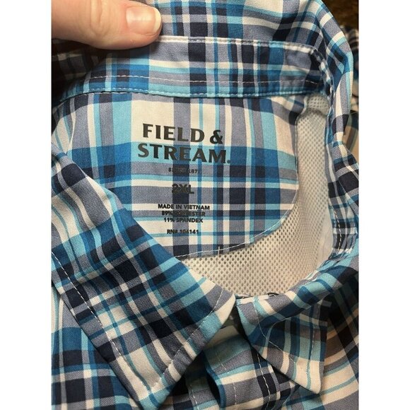 Field & Stream Men's 3X Blue/White Plaid Button Down Short Sleeve Fishing Shirt - Picture 8 of 8